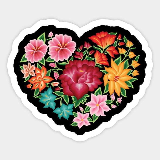 Mexican Embroidery Style Heart Design from Oaxaca, México (Black Background) Sticker by Akbaly